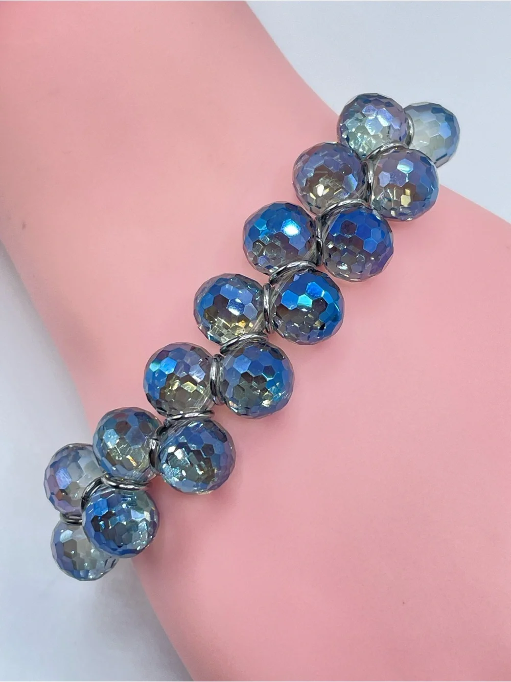 Silver Gunmetal Tone Blue AB Crystal Glass Tennis Bracelet Glam Sparkle